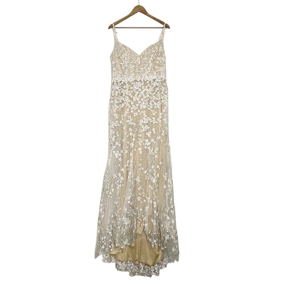 Mac Duggal Cream Floral Lace 12 Beige Embroidered Tulle Trumpet Gown Nude - Picture 4 of 13